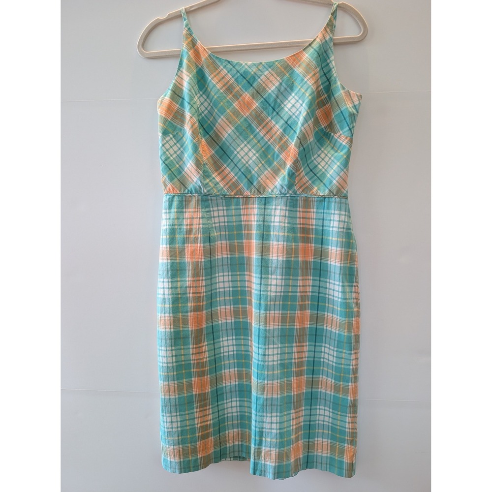 Ann Taylor Factory Sheath Dress SleevelessTurquoise Orange Plaid Cotton  Size 8